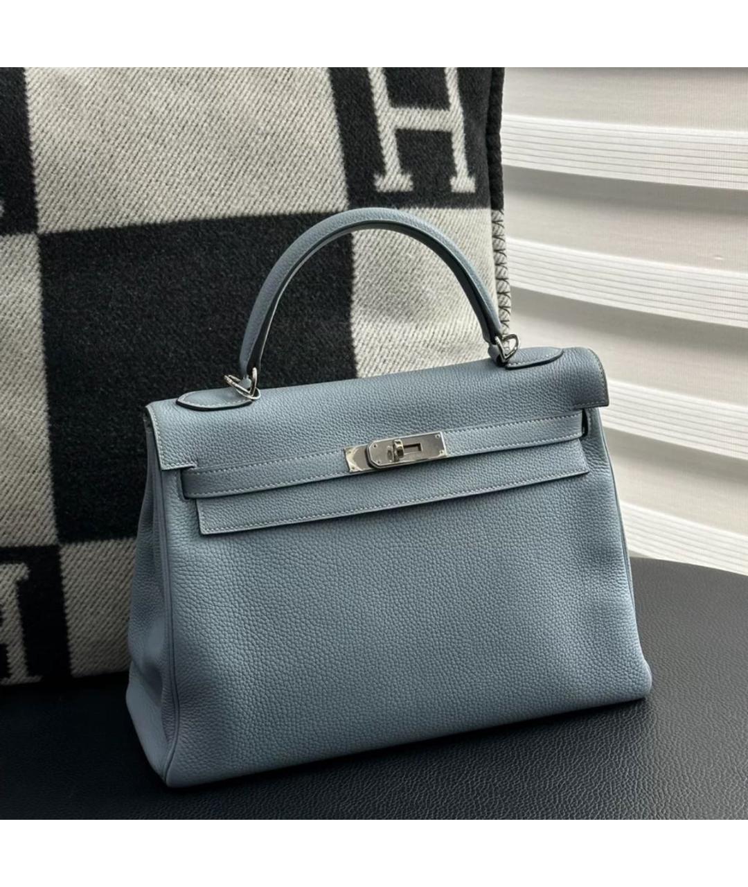 HERMES Голубая кожаная сумка с короткими ручками, фото 7