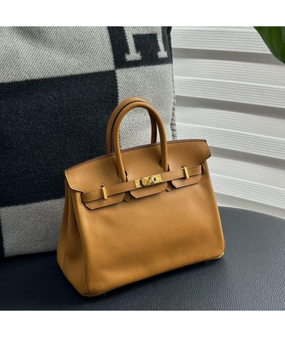 HERMES Горчичная кожаная сумка с короткими ручками, фото 7