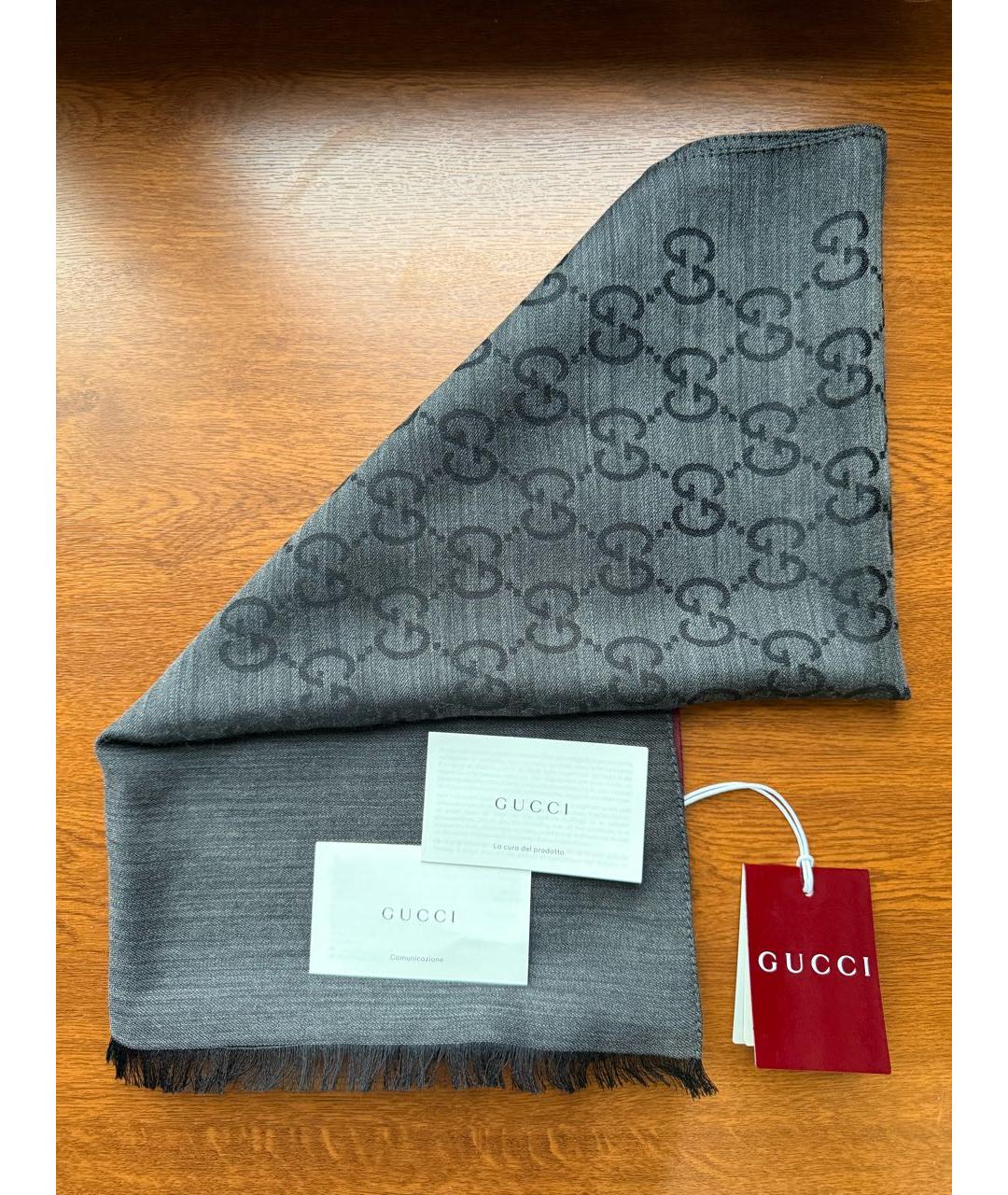 GUCCI Антрацитовый шерстяной шарф, фото 2