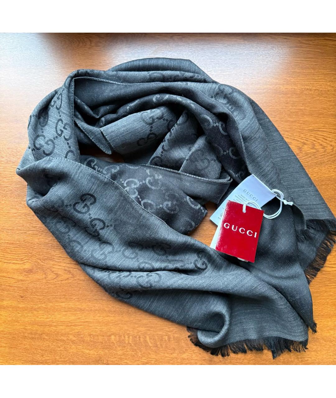 GUCCI Антрацитовый шерстяной шарф, фото 5