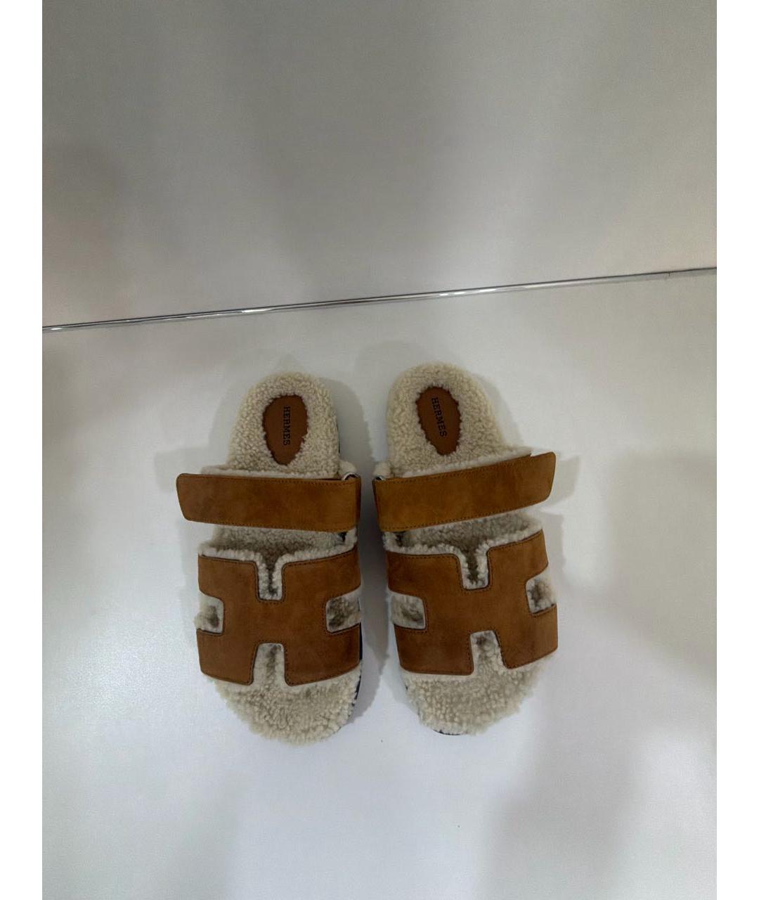 HERMES Коричневые замшевые шлепанцы, фото 2