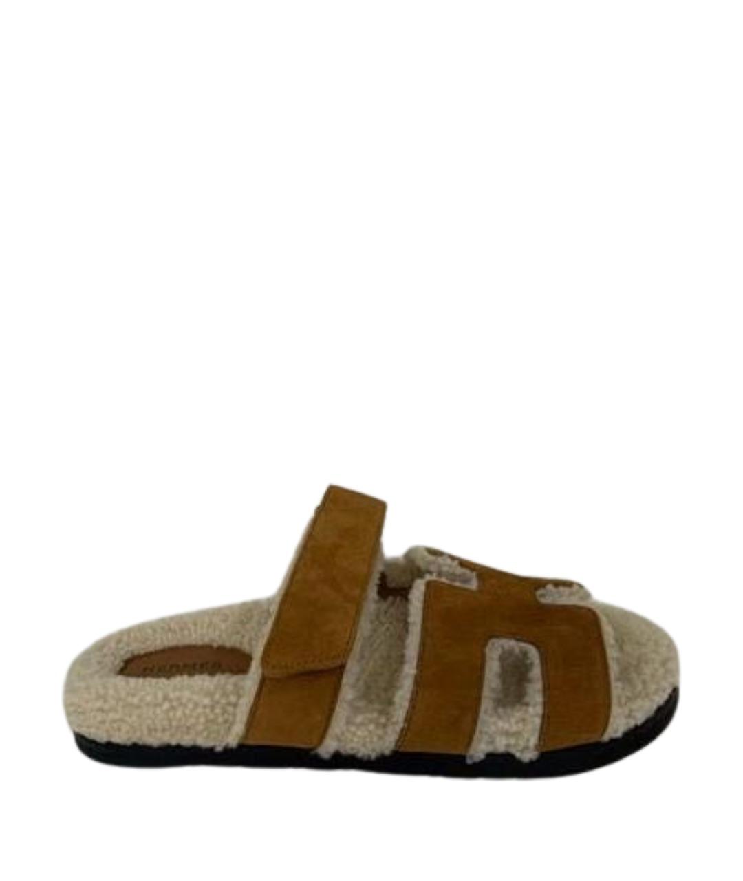 HERMES Коричневые замшевые шлепанцы, фото 1