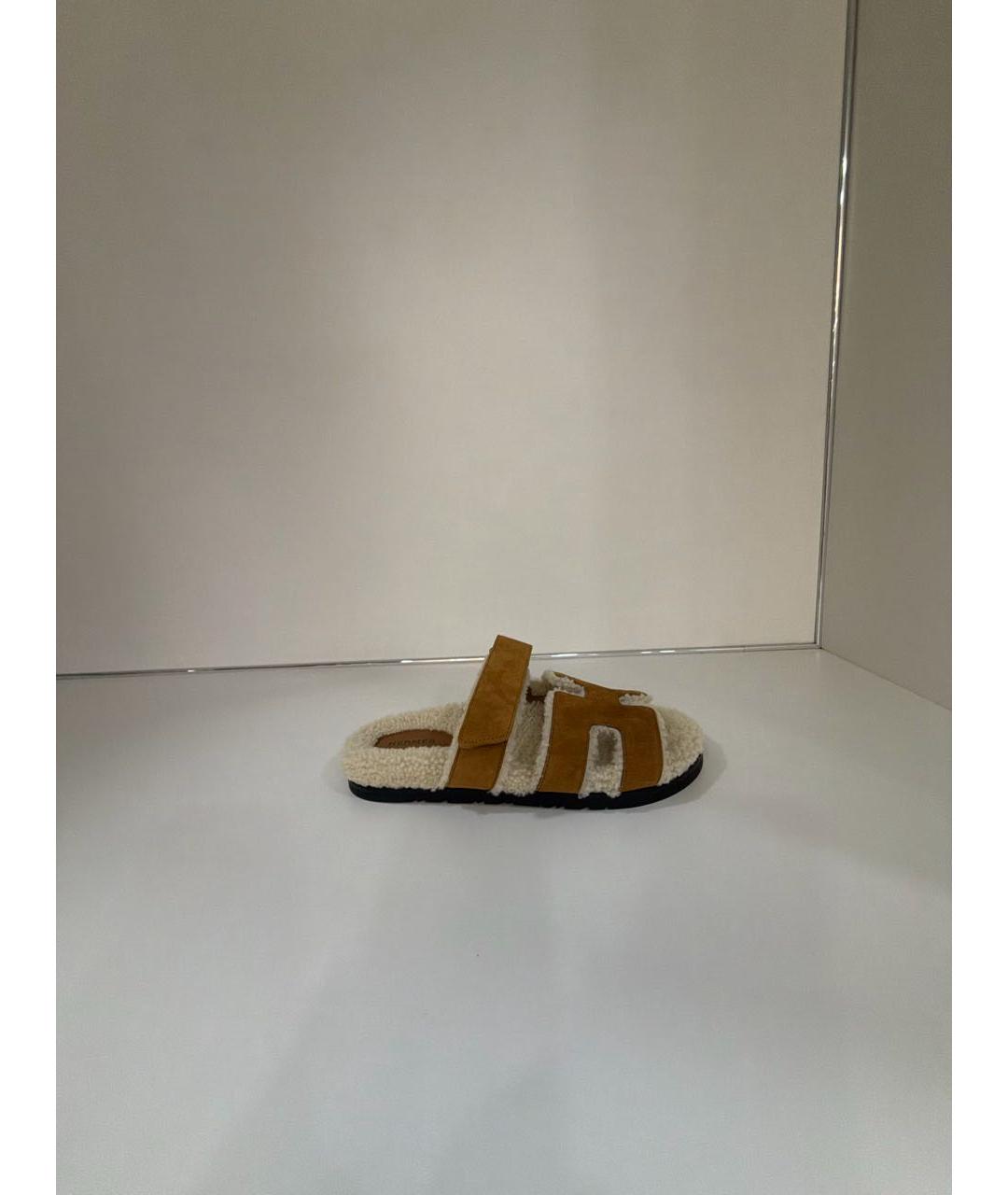 HERMES Коричневые замшевые шлепанцы, фото 8