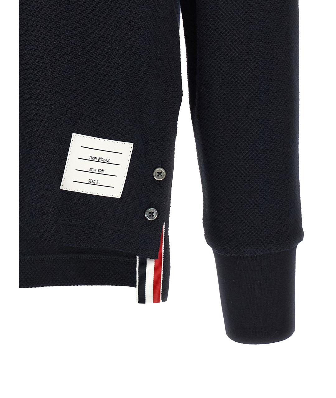 THOM BROWNE Темно-синее хлопковое поло с длинным рукавом, фото 4