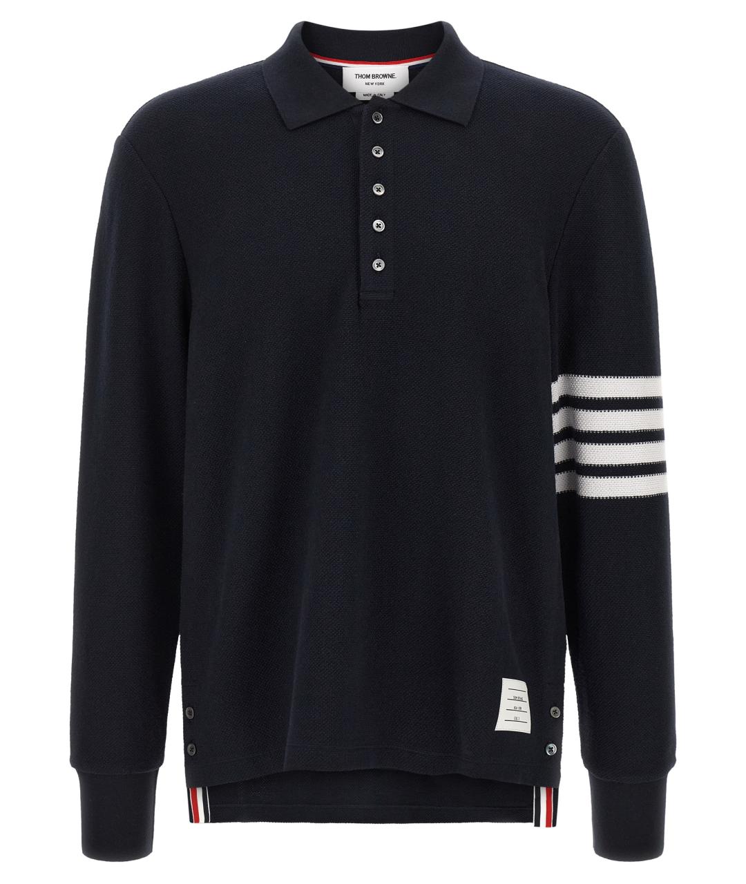 THOM BROWNE Темно-синее хлопковое поло с длинным рукавом, фото 1