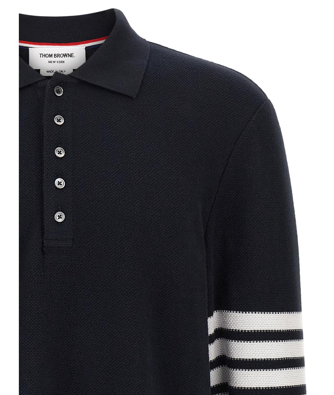 THOM BROWNE Темно-синее хлопковое поло с длинным рукавом, фото 3
