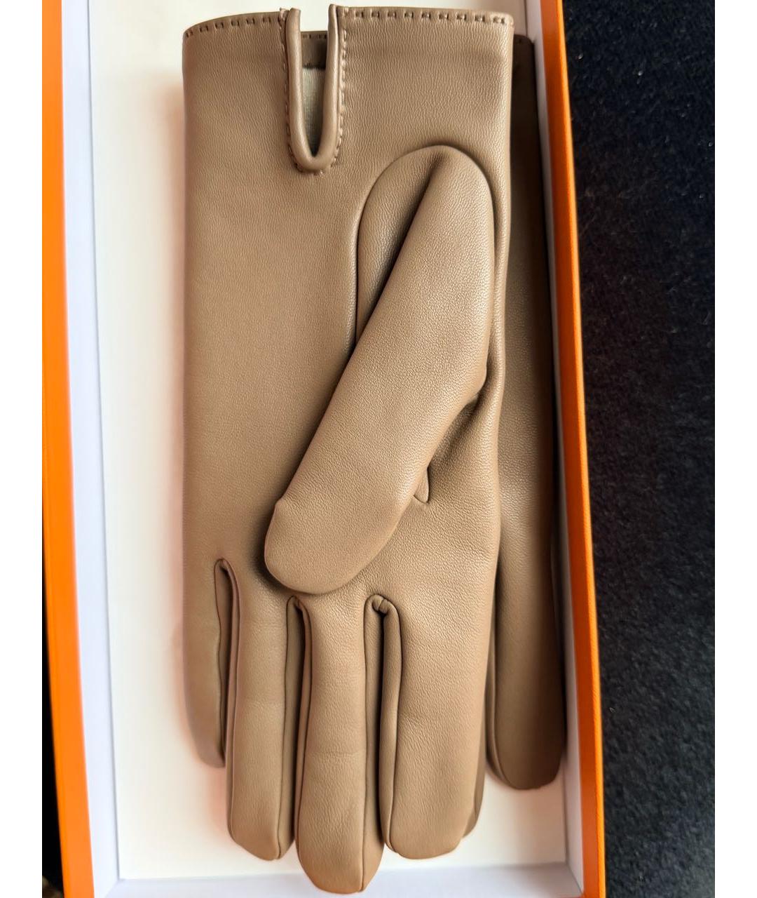 HERMES Бежевые кожаные перчатки, фото 3
