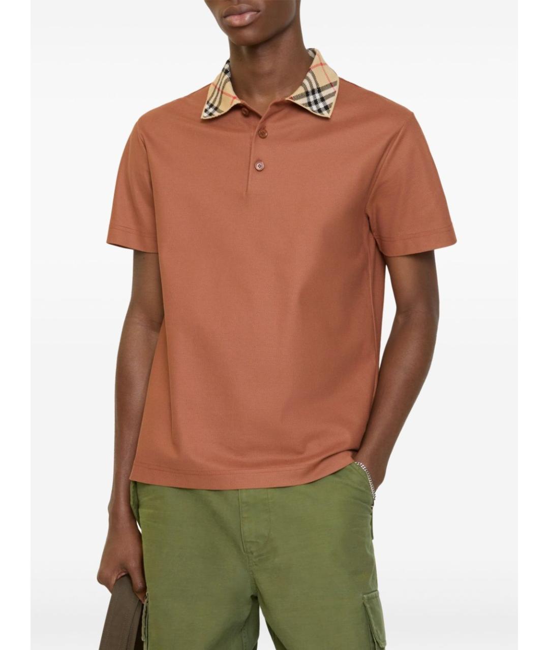 BURBERRY Коричневое хлопковое поло с коротким рукавом, фото 2