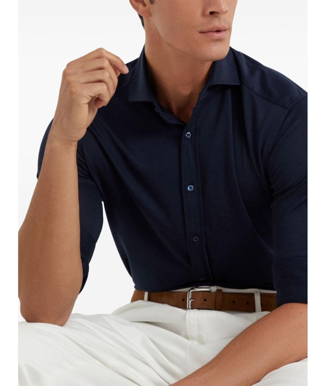 BRUNELLO CUCINELLI Темно-синяя шелковая кэжуал рубашка, фото 6