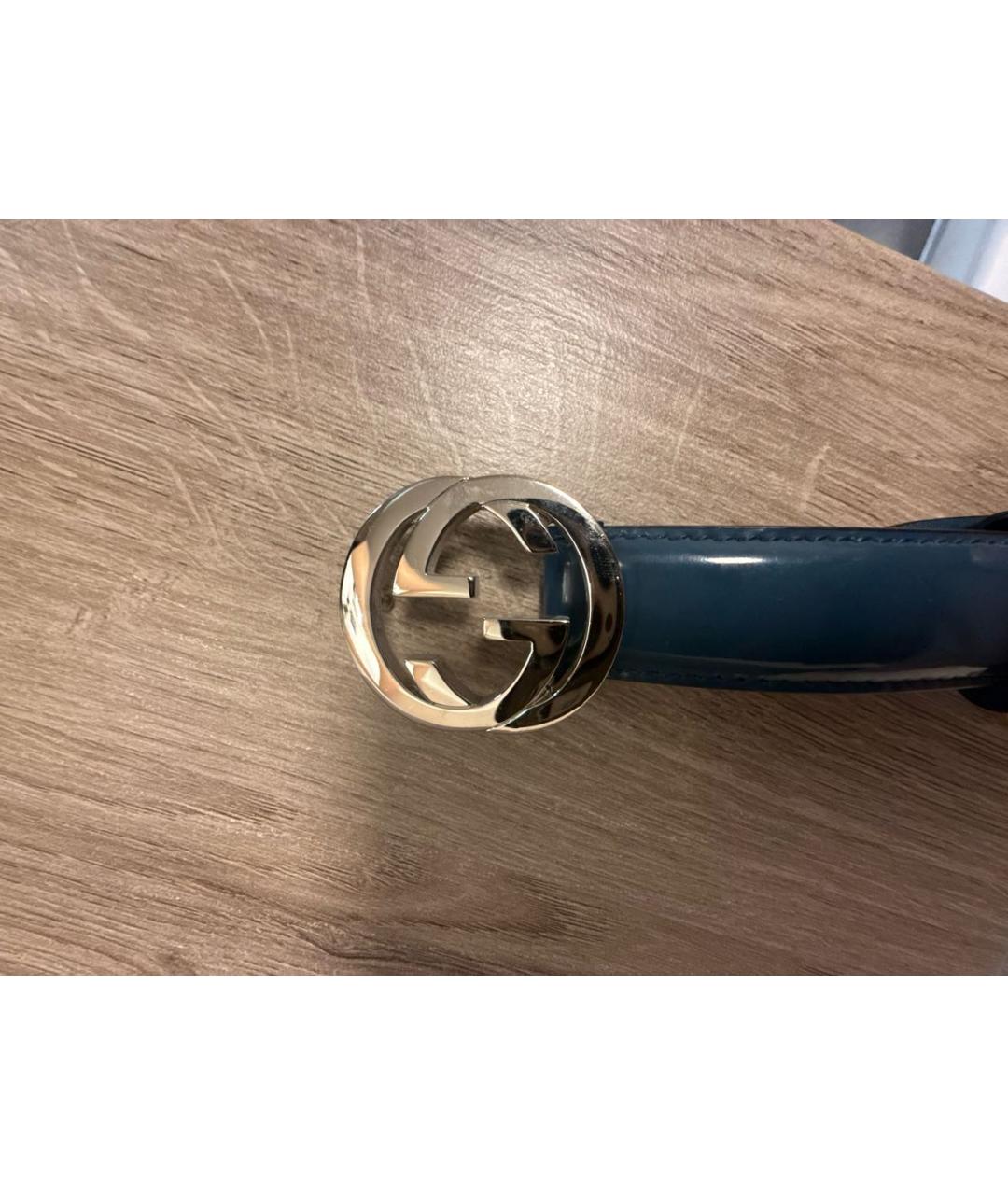 GUCCI Темно-синий ремень из лакированной кожи, фото 2