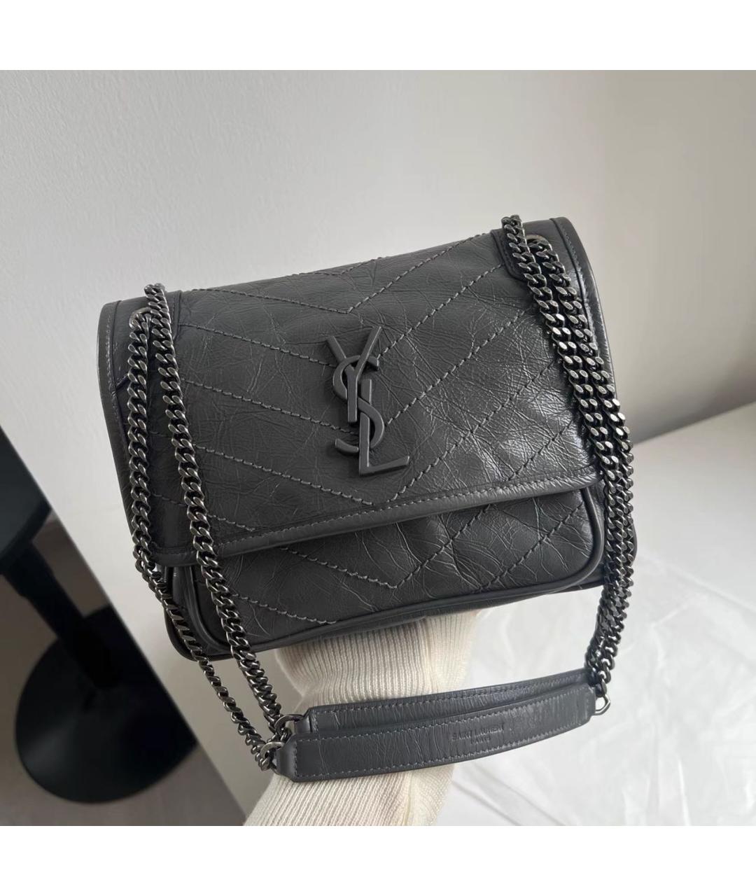 SAINT LAURENT Антрацитовая кожаная сумка через плечо, фото 9