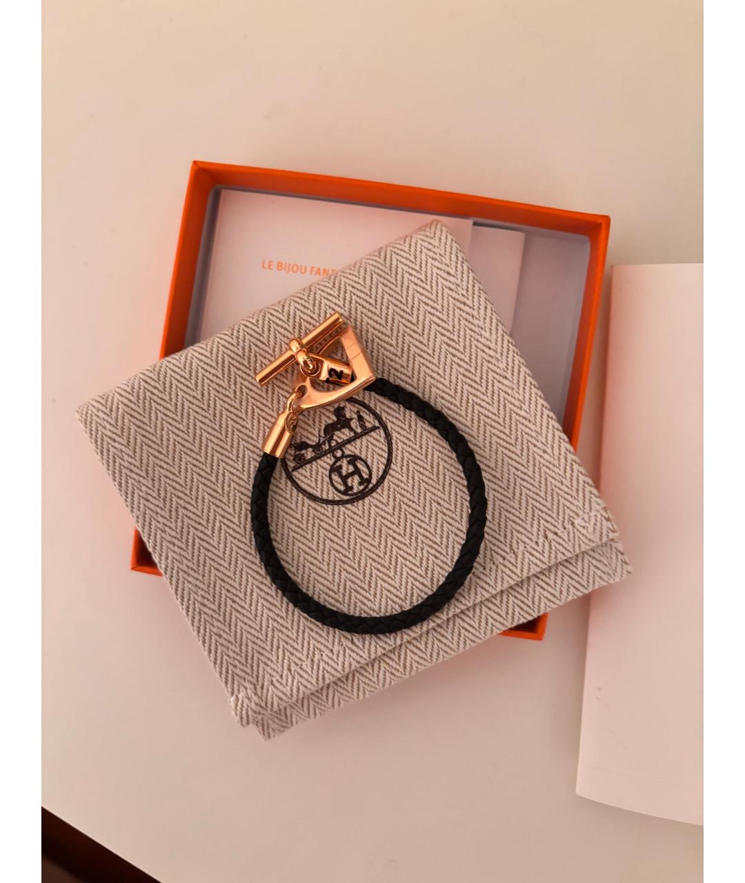 HERMES Черный кожаный браслет, фото 4