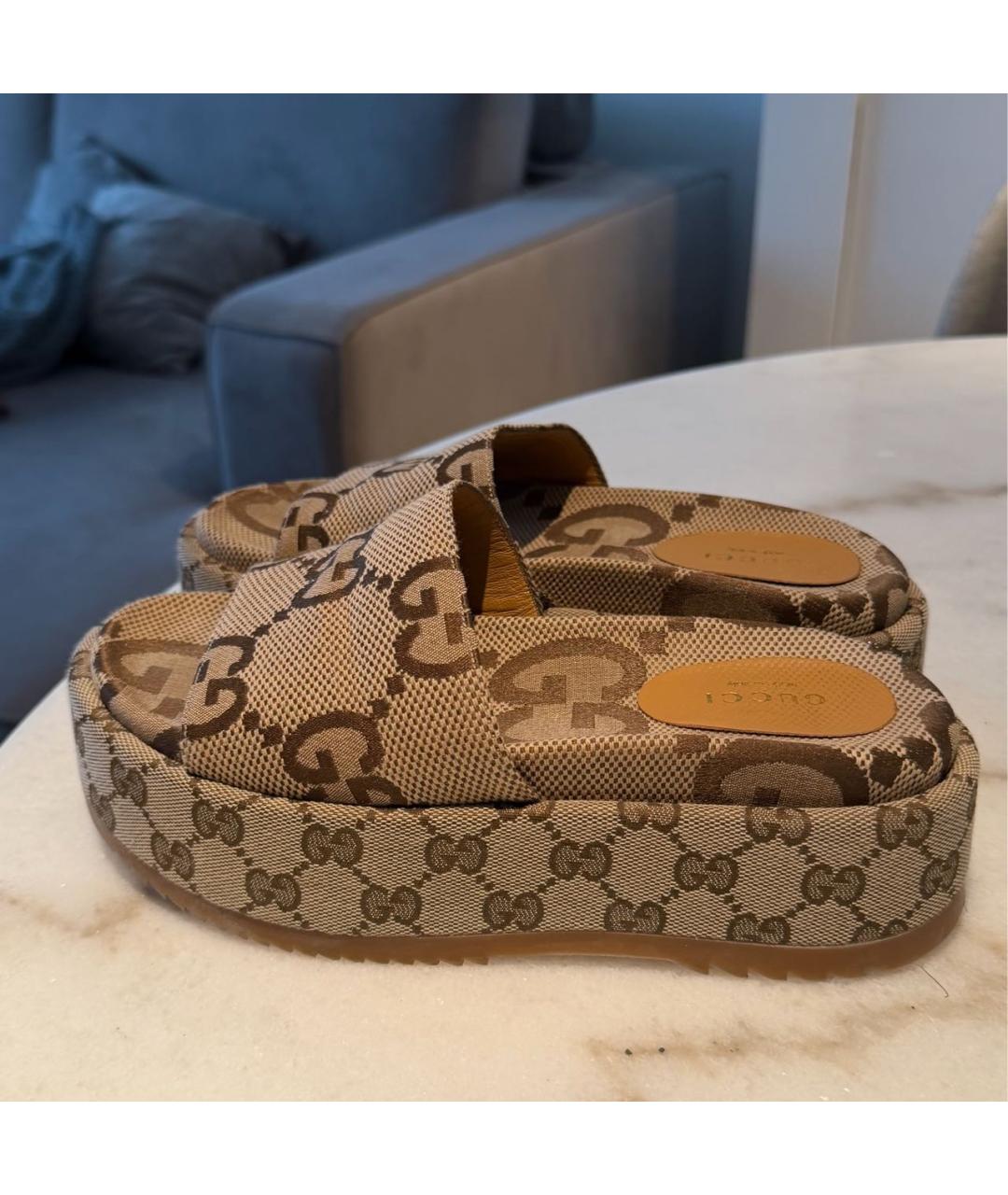 GUCCI Бежевые текстильные шлепанцы, фото 5
