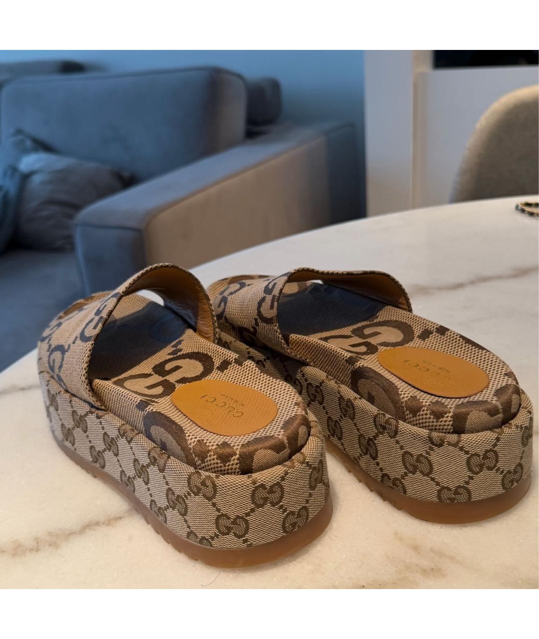 GUCCI Бежевые текстильные шлепанцы, фото 3