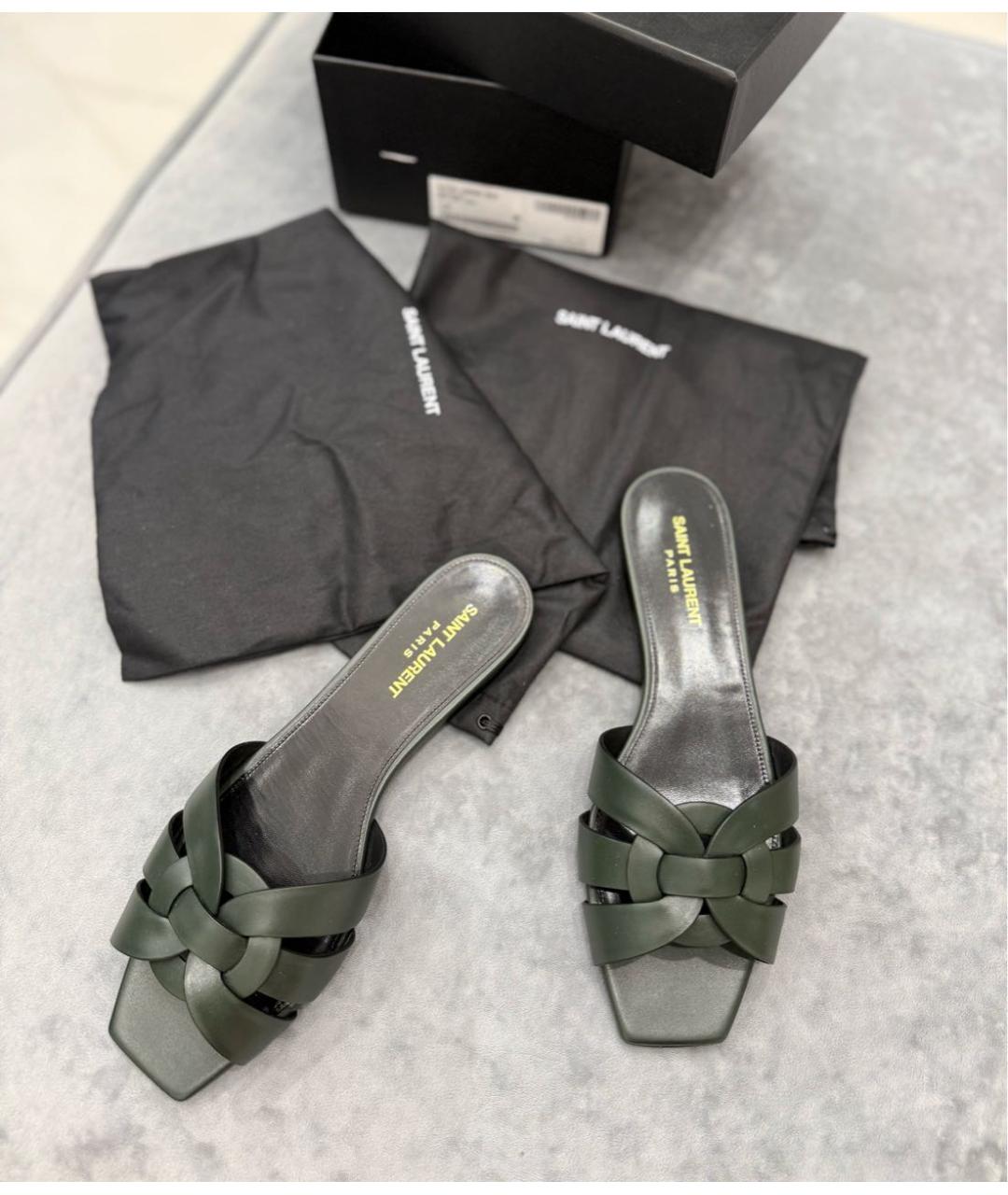 SAINT LAURENT Зеленые кожаные шлепанцы, фото 8