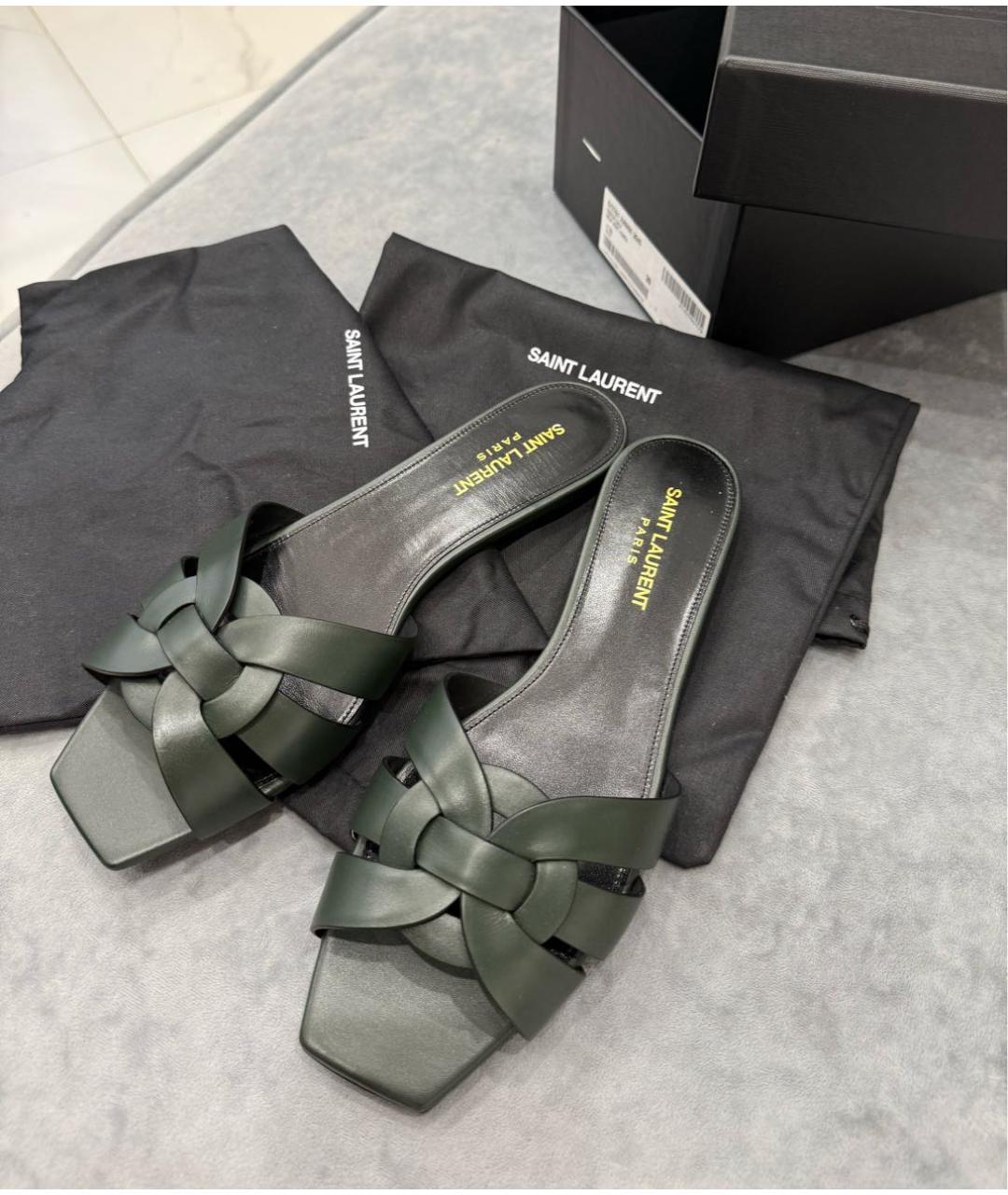 SAINT LAURENT Зеленые кожаные шлепанцы, фото 7
