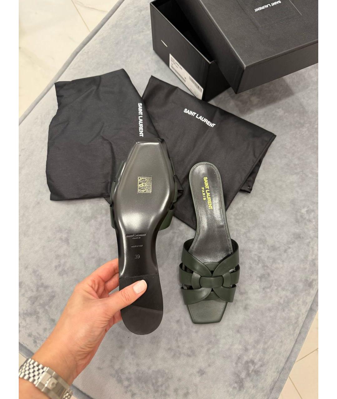 SAINT LAURENT Зеленые кожаные шлепанцы, фото 6
