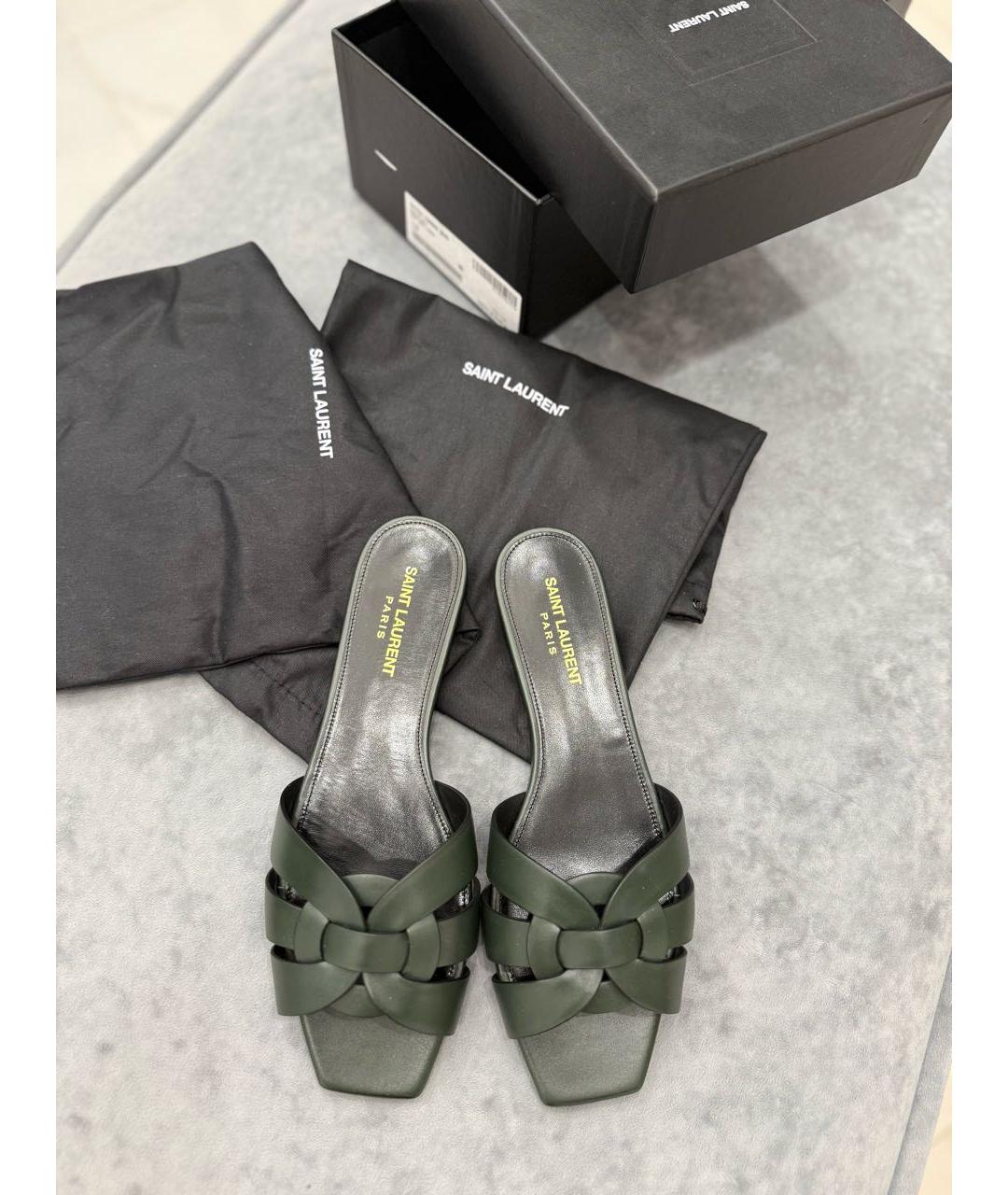 SAINT LAURENT Зеленые кожаные шлепанцы, фото 5