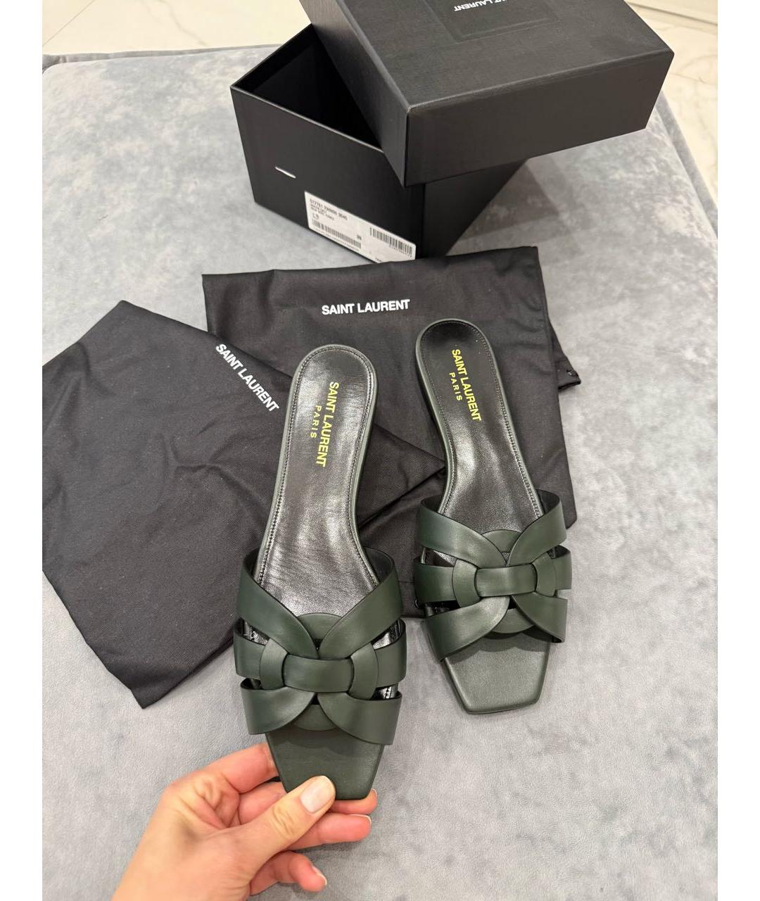 SAINT LAURENT Зеленые кожаные шлепанцы, фото 3