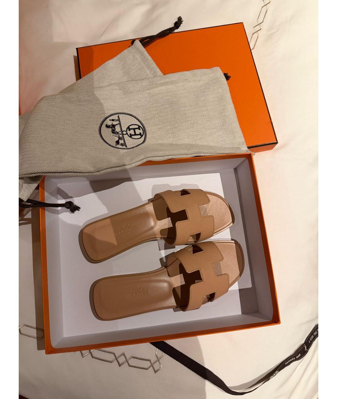 HERMES Розовые кожаные шлепанцы, фото 5