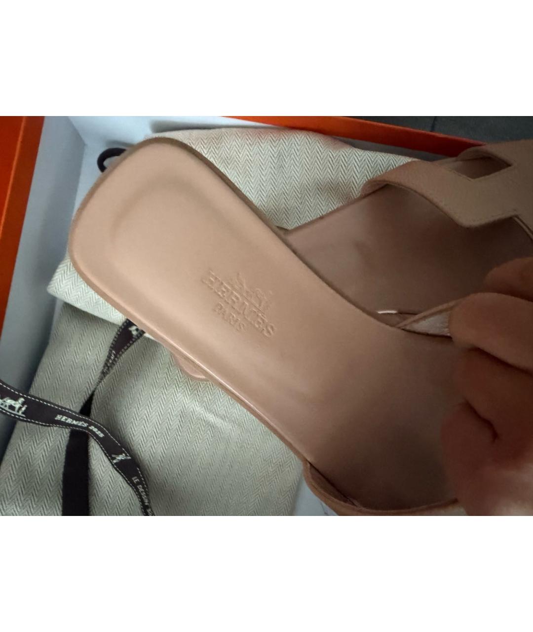 HERMES Розовые кожаные шлепанцы, фото 4