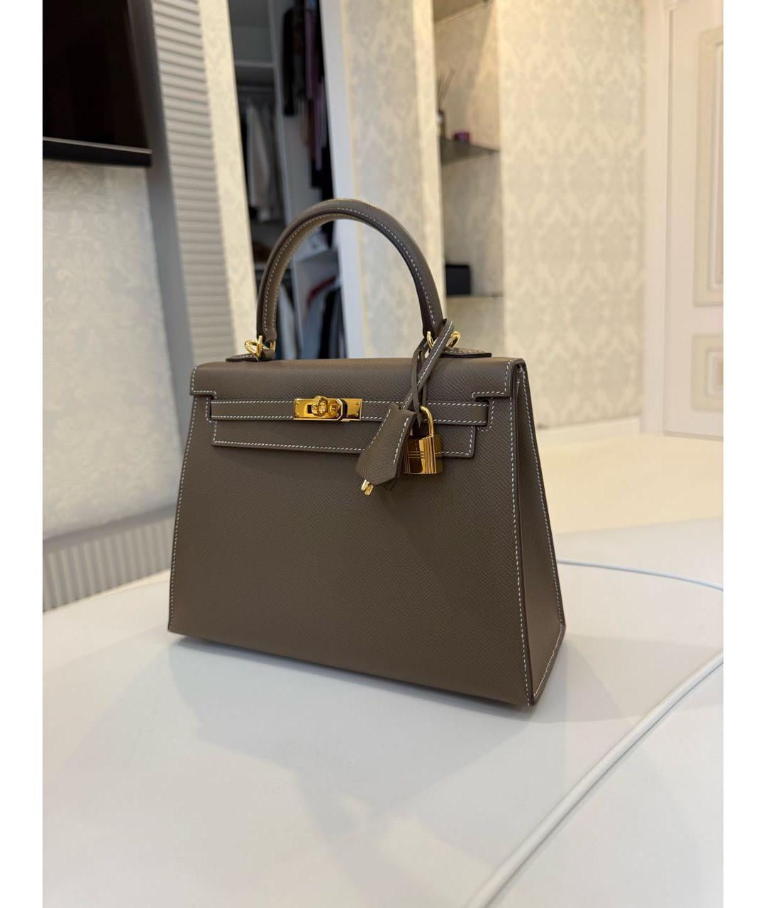 HERMES Коричневая кожаная сумка с короткими ручками, фото 5