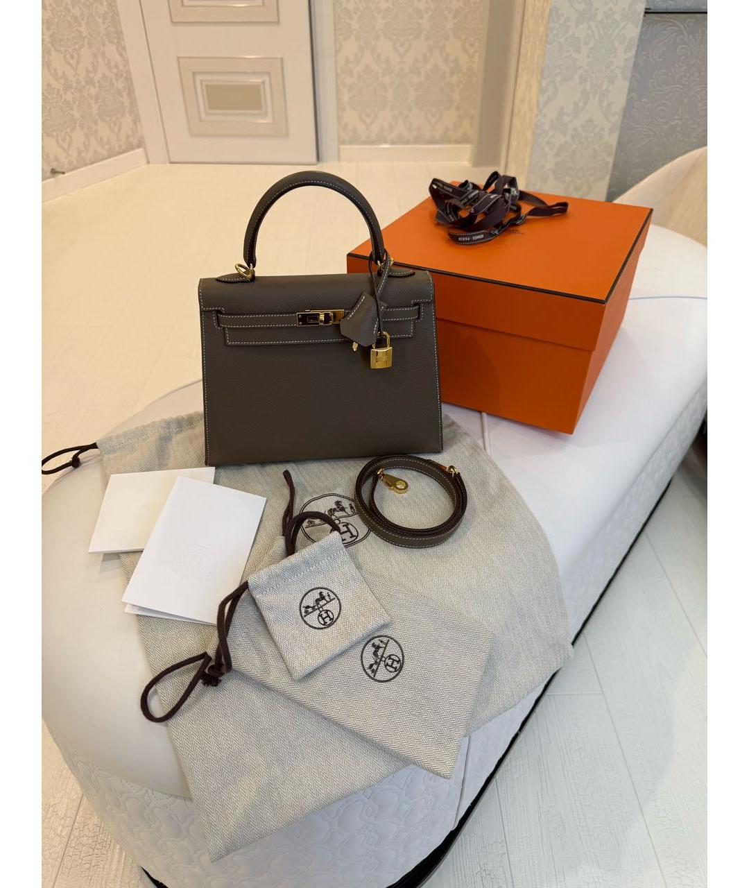 HERMES Коричневая кожаная сумка с короткими ручками, фото 7