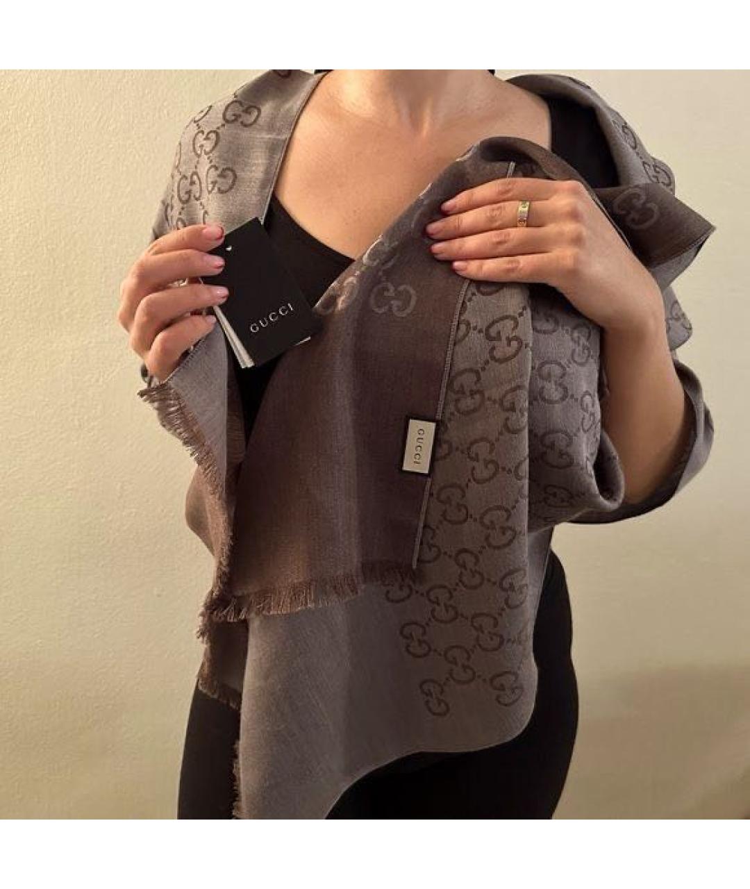 GUCCI Коричневый шерстяной платок, фото 7