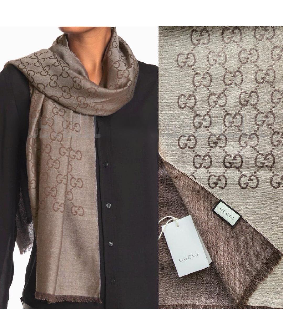 GUCCI Коричневый шерстяной платок, фото 6