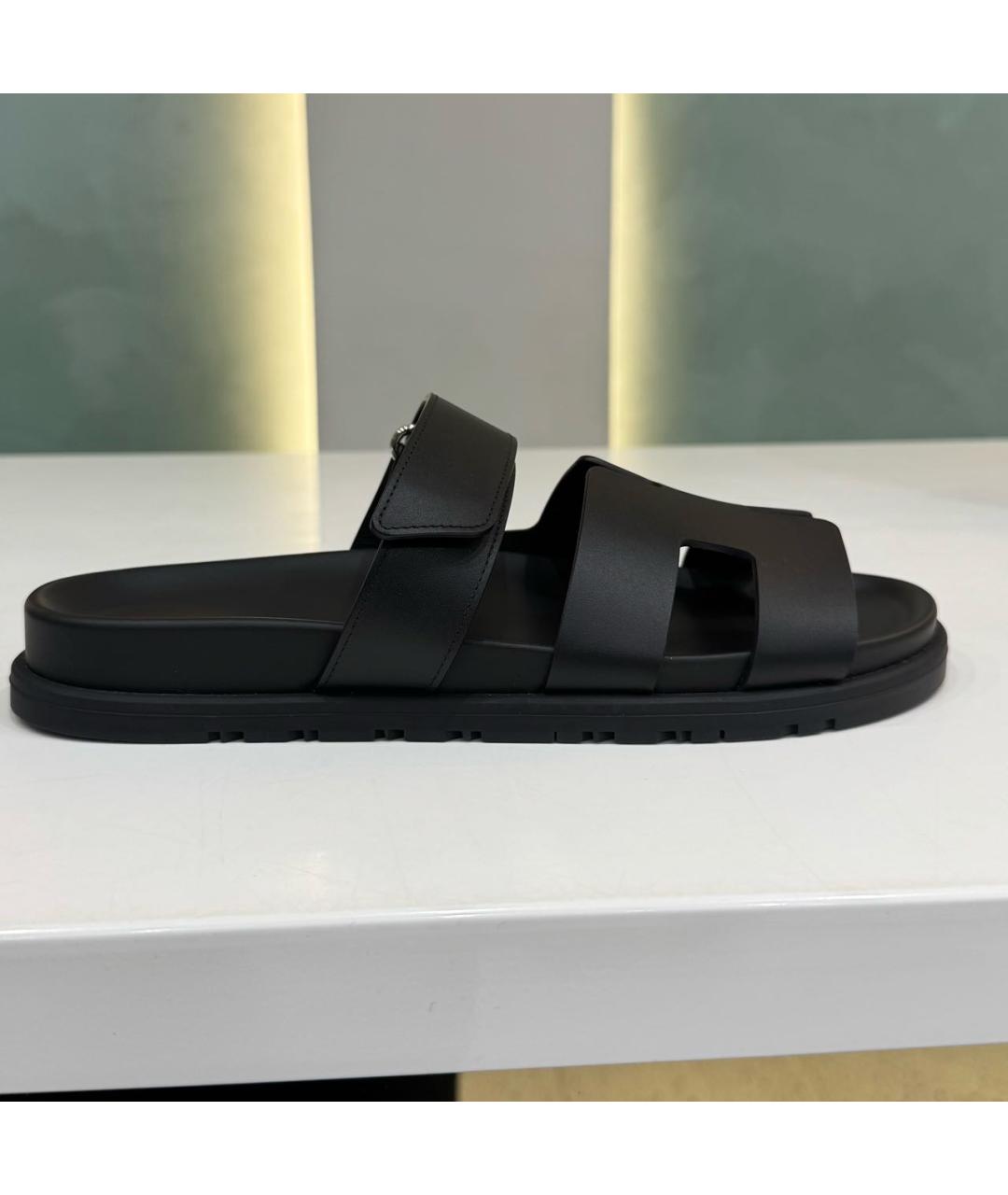 HERMES Черные кожаные шлепанцы, фото 7
