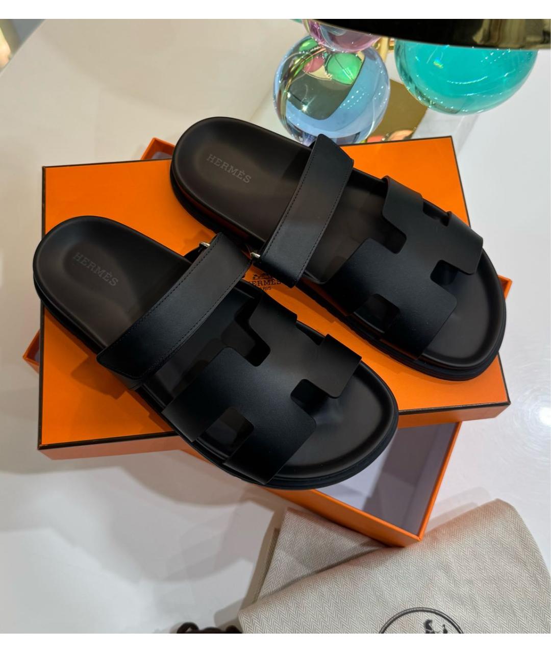 HERMES Черные кожаные шлепанцы, фото 6