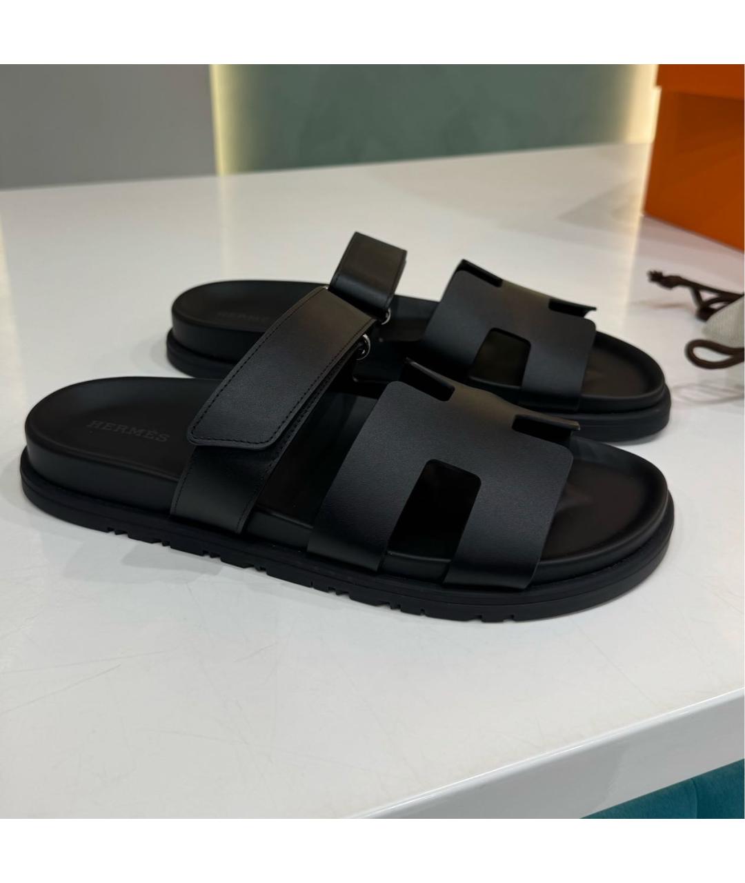 HERMES Черные кожаные шлепанцы, фото 2