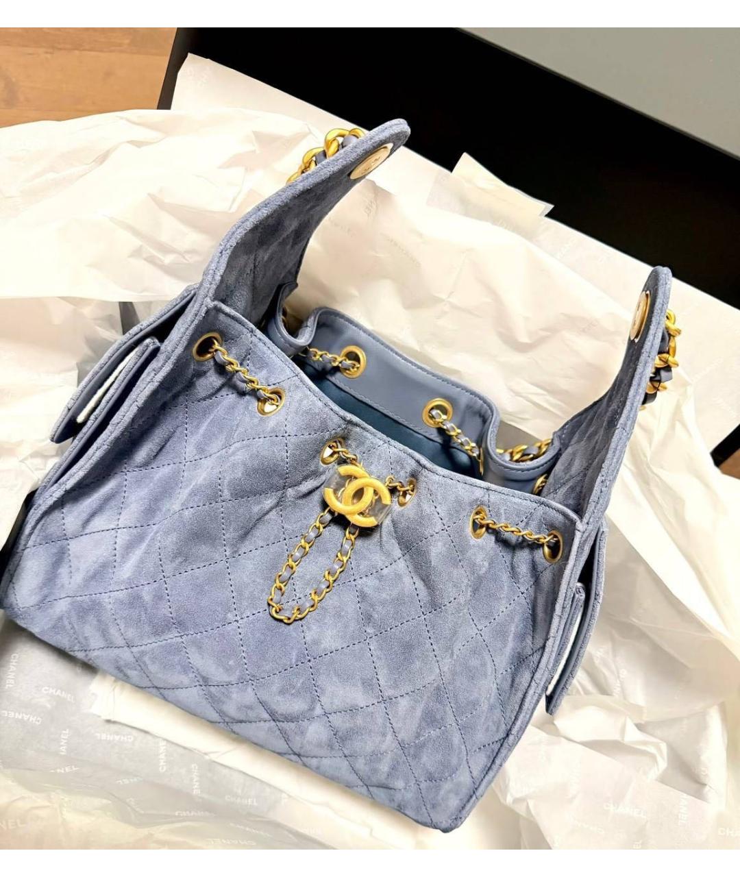 CHANEL Голубая кожаная сумка с короткими ручками, фото 3