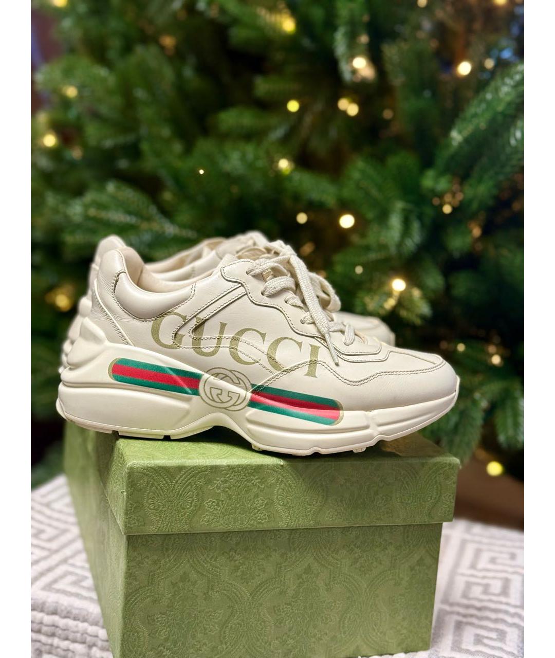 GUCCI Бежевые кожаные кроссовки, фото 9