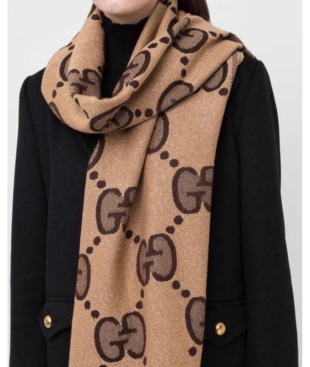 GUCCI Коричневый шерстяной шарф, фото 2