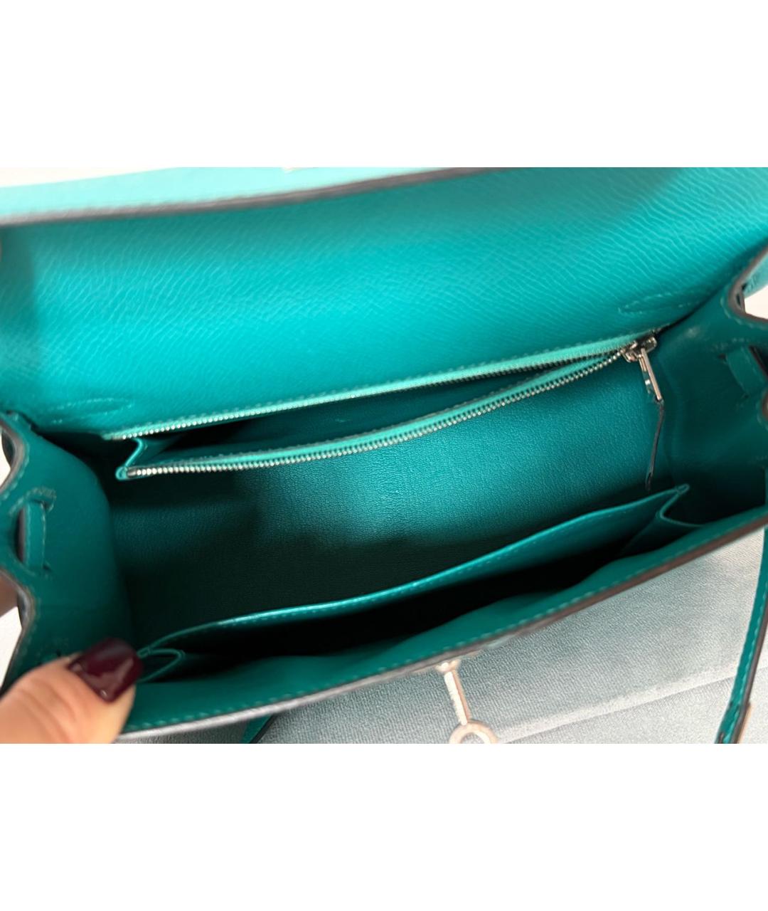 HERMES Бирюзовая кожаная сумка с короткими ручками, фото 4