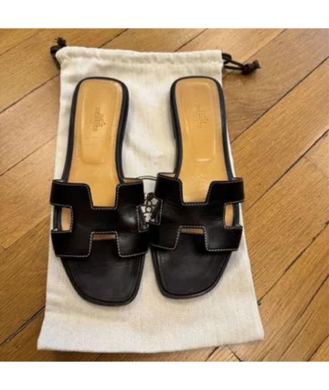 HERMES Черные кожаные шлепанцы, фото 6