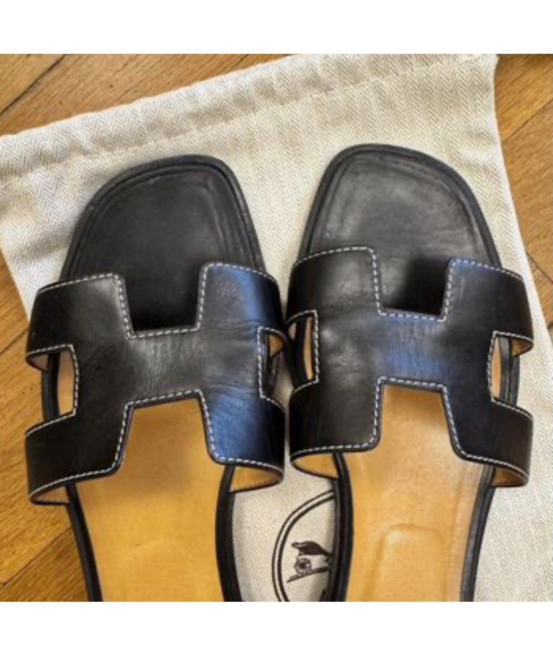 HERMES Черные кожаные шлепанцы, фото 4