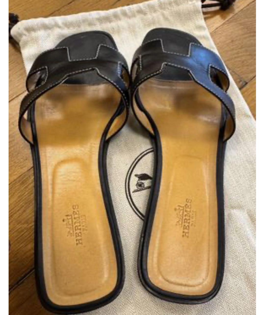 HERMES Черные кожаные шлепанцы, фото 3