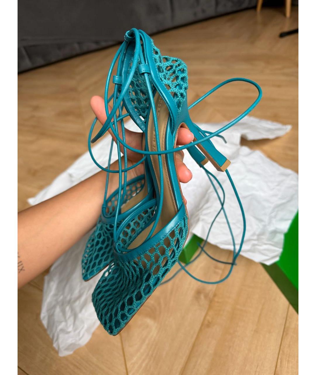 BOTTEGA VENETA Бирюзовые кожаные босоножки, фото 7
