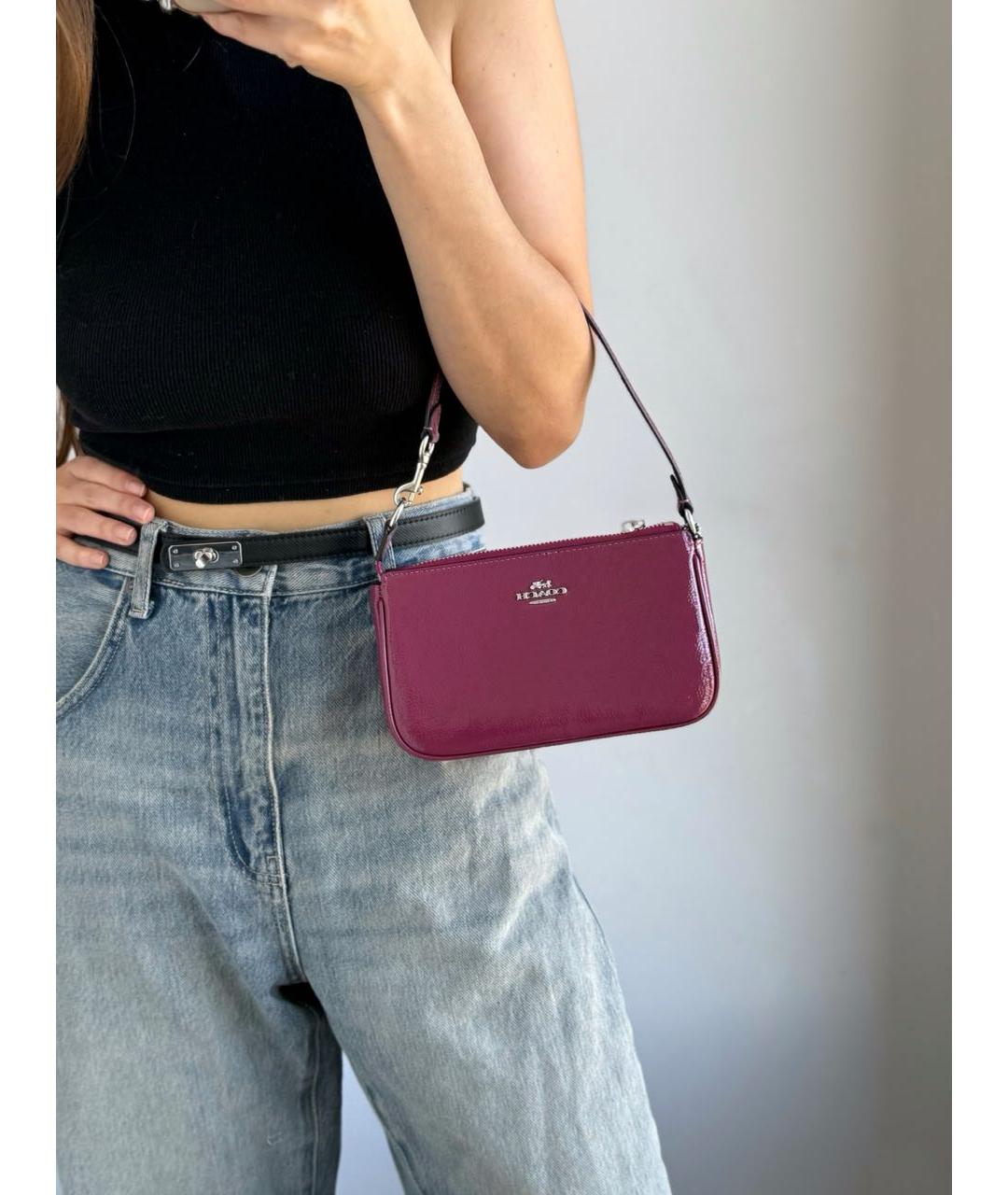 COACH Бордовая кожаная сумка с короткими ручками, фото 5