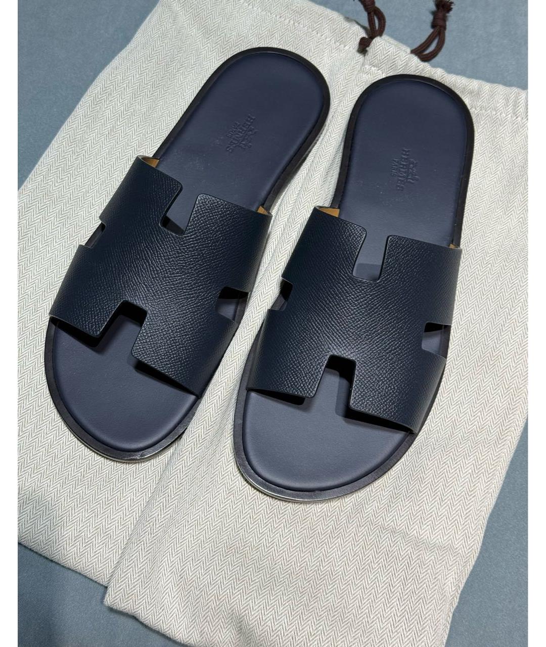 HERMES Темно-синие кожаные шлепанцы, фото 3
