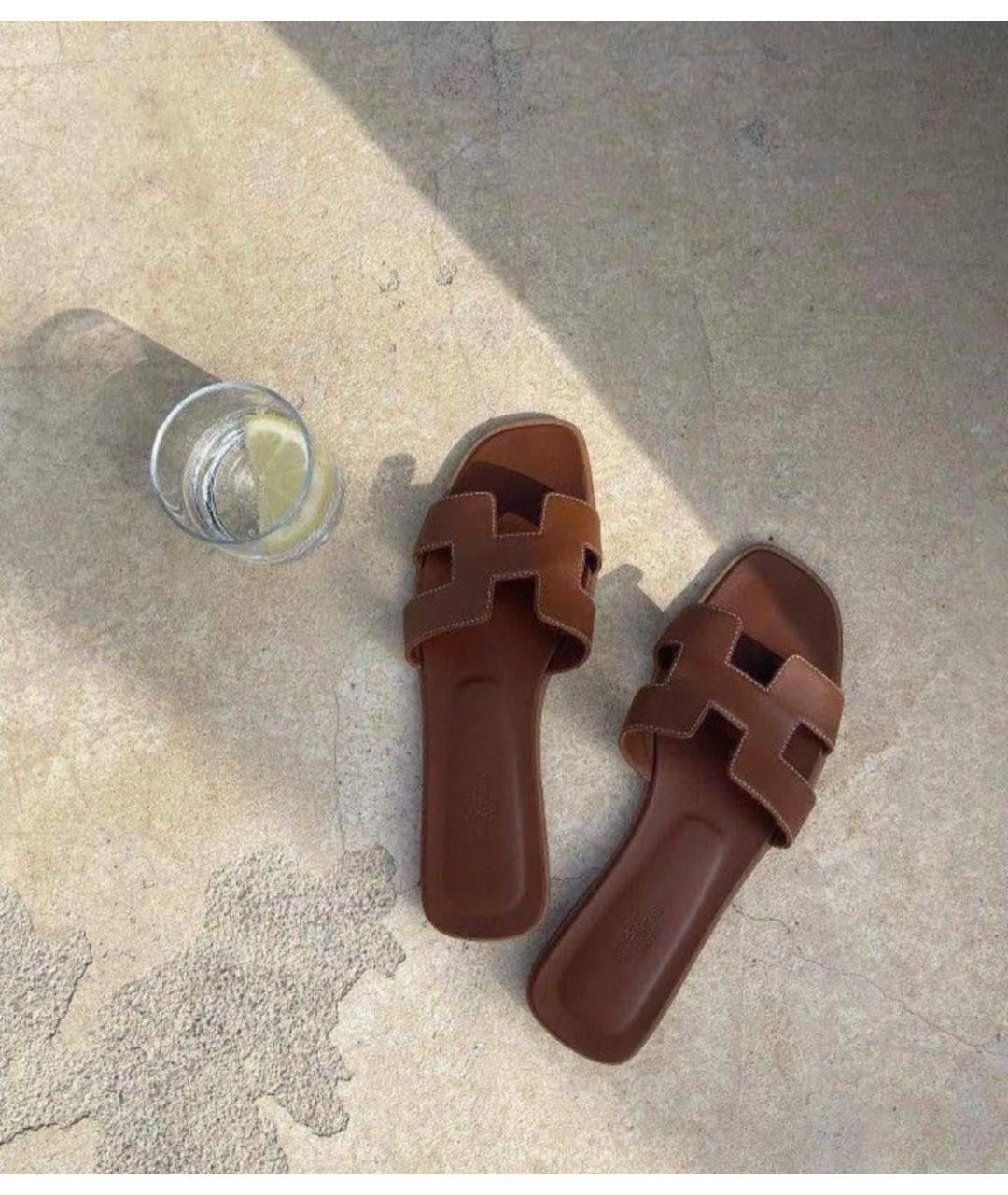 HERMES Коричневые кожаные шлепанцы, фото 2