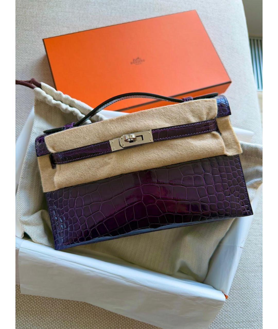 HERMES Фиолетовая сумка с короткими ручками из экзотической кожи, фото 3