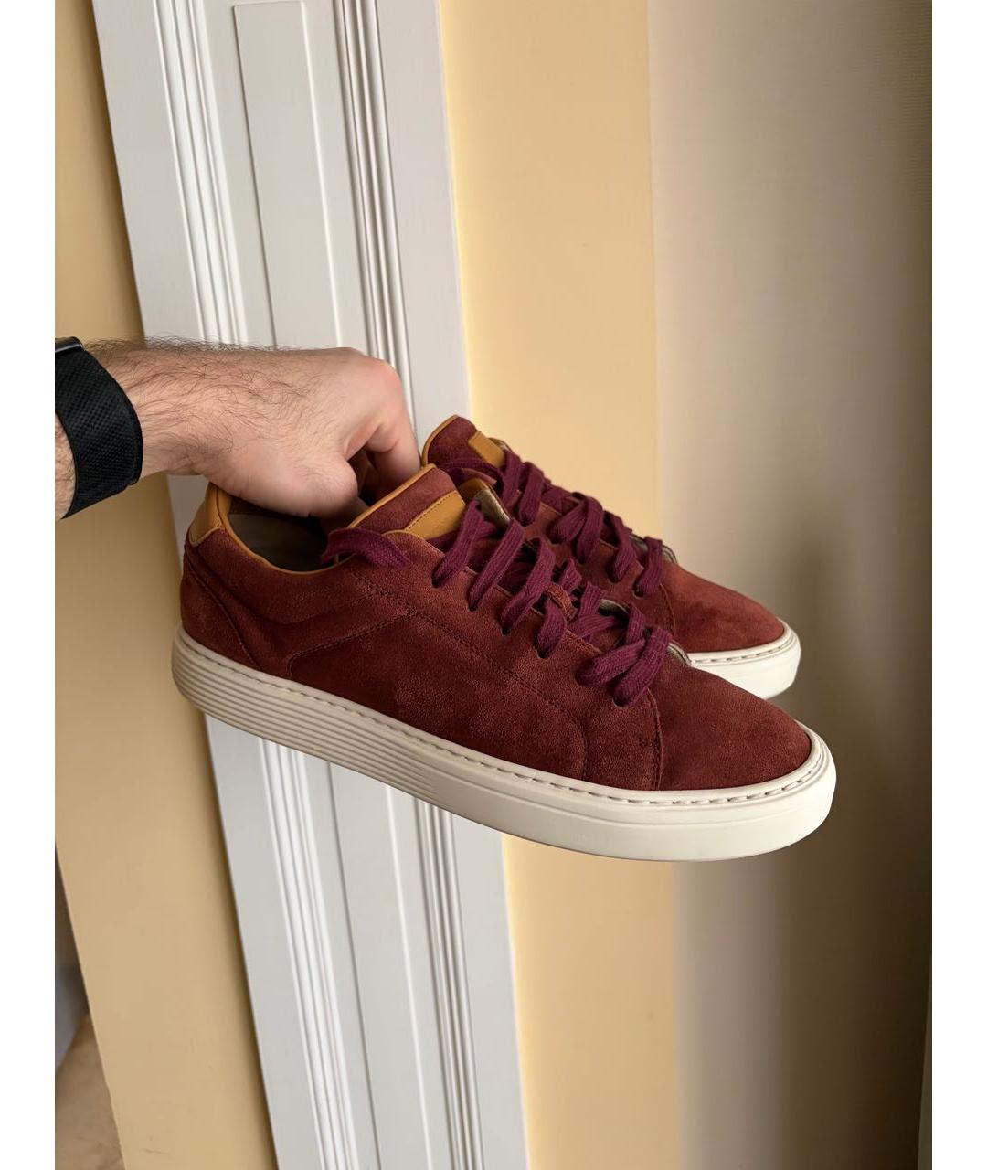BRUNELLO CUCINELLI Бордовые замшевые низкие кроссовки / кеды, фото 4