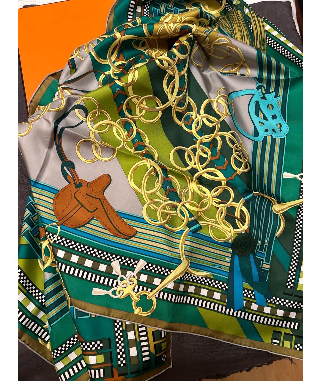 HERMES Зеленый шелковый платок, фото 8