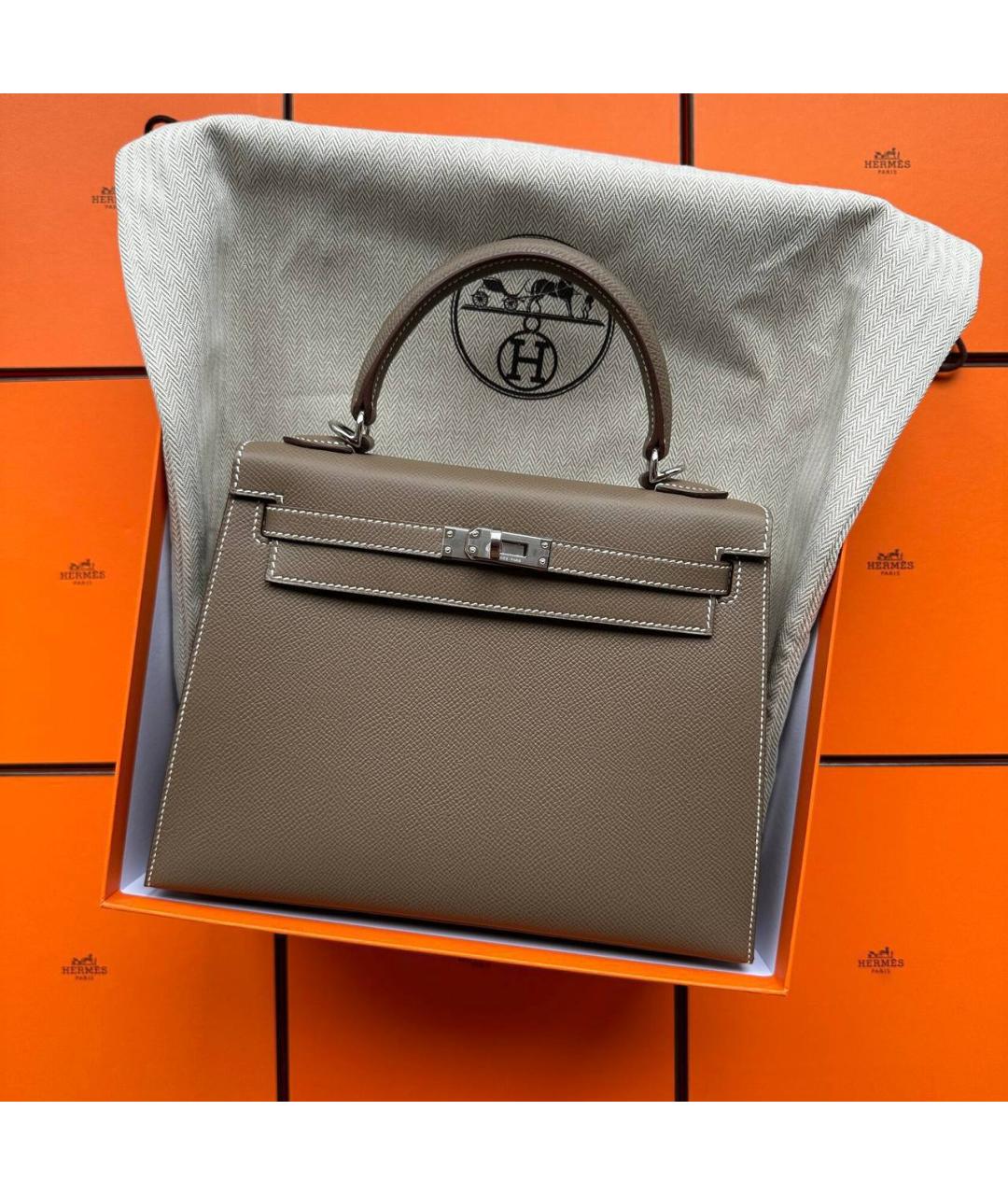 HERMES Коричневая кожаная сумка с короткими ручками, фото 2