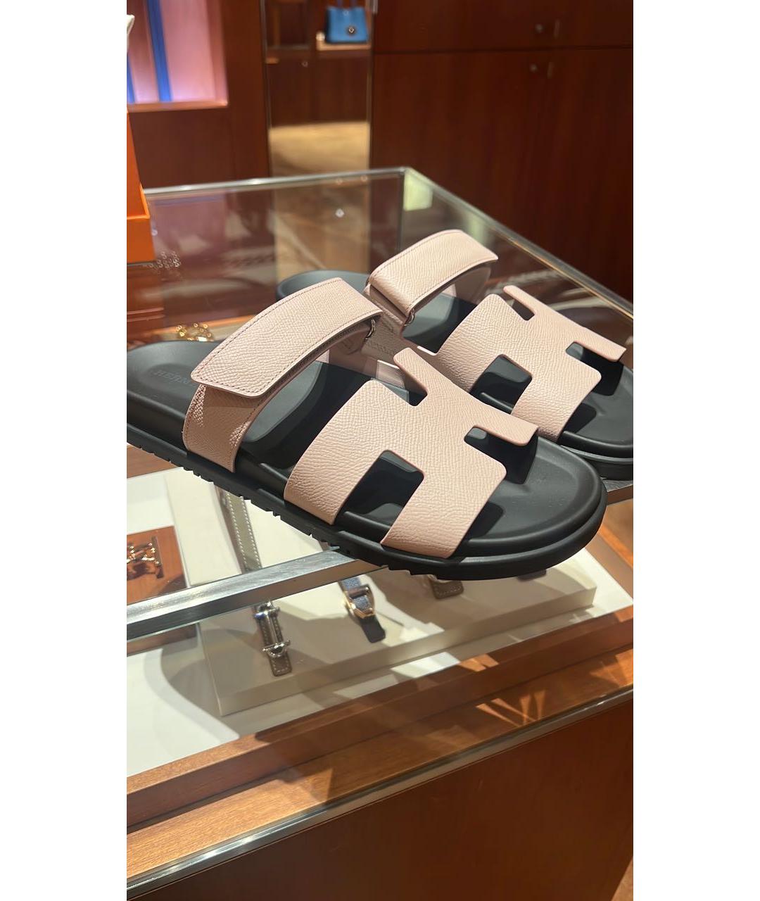 HERMES Розовые кожаные шлепанцы, фото 2