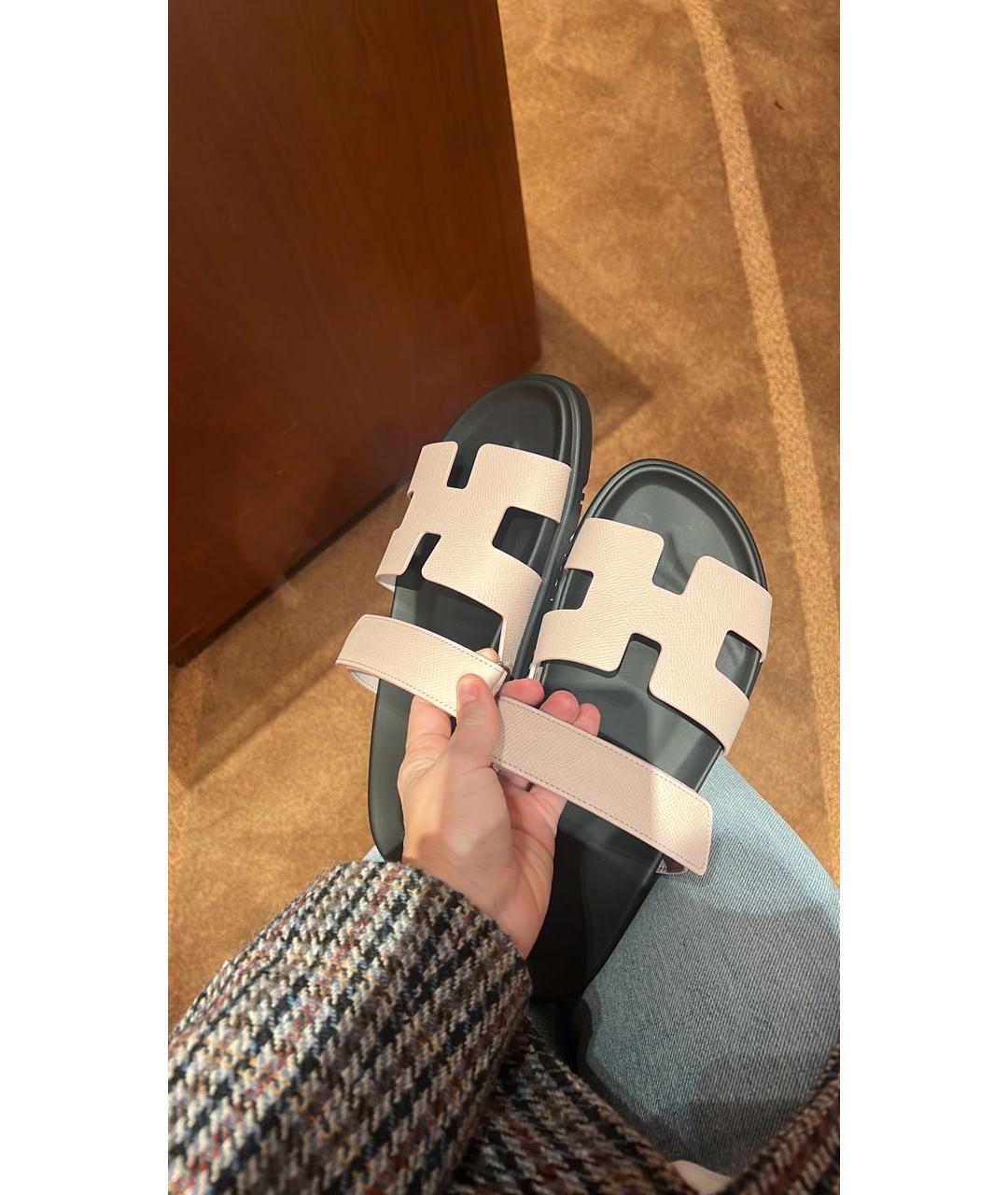 HERMES Розовые кожаные шлепанцы, фото 3