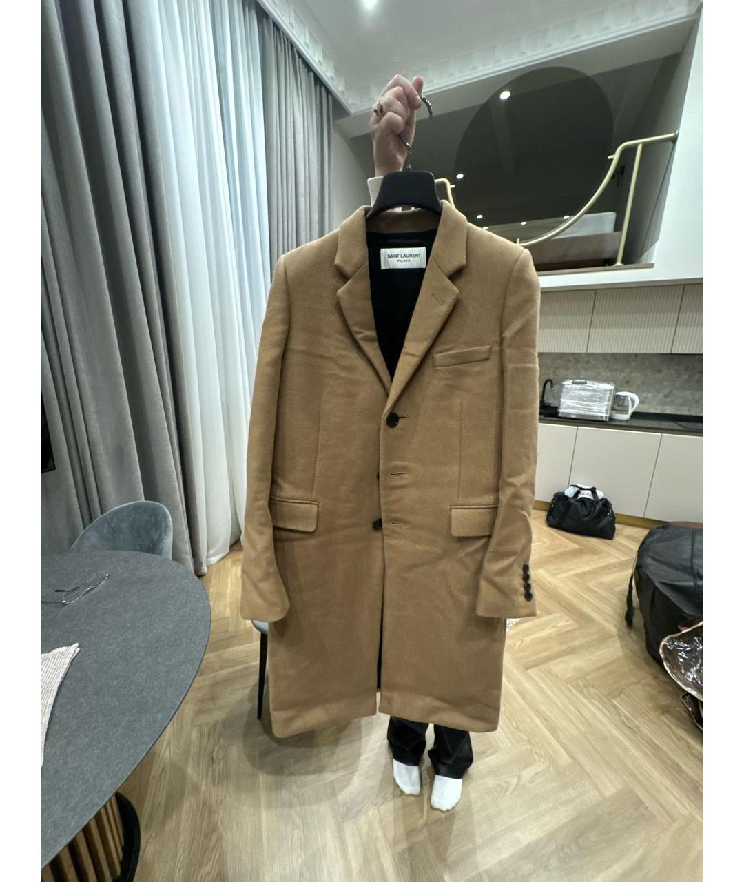SAINT LAURENT Бежевое шерстяное пальто, фото 5